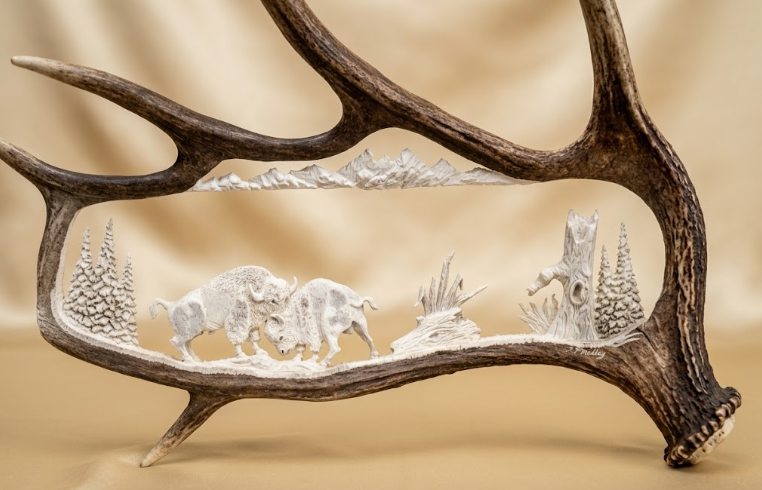 Decorative antler with a bison fight and forest scene cutout on a beige background