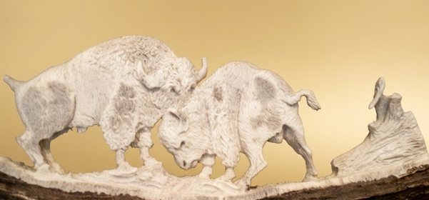 Two sculptures of bison on a beige background