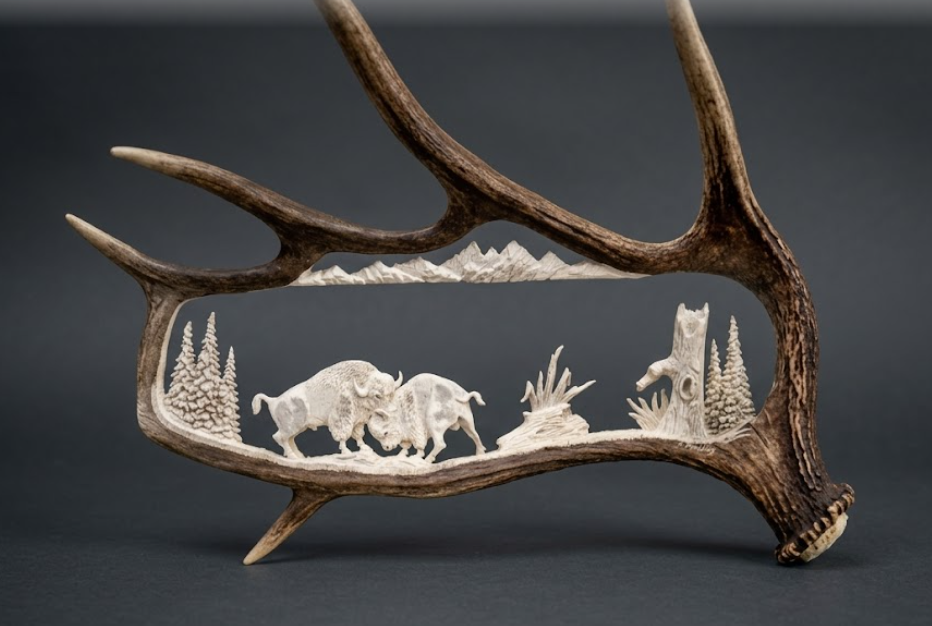 large moose antler hand crafted carving of two bull bison fighting in a forest.