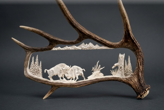large moose antler hand crafted carving of two bull bison fighting in a forest.