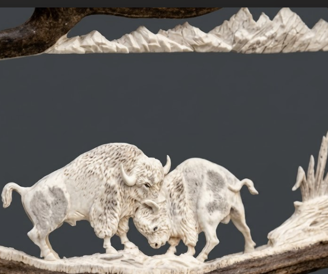 Carved antler bison figures on a natural wood background