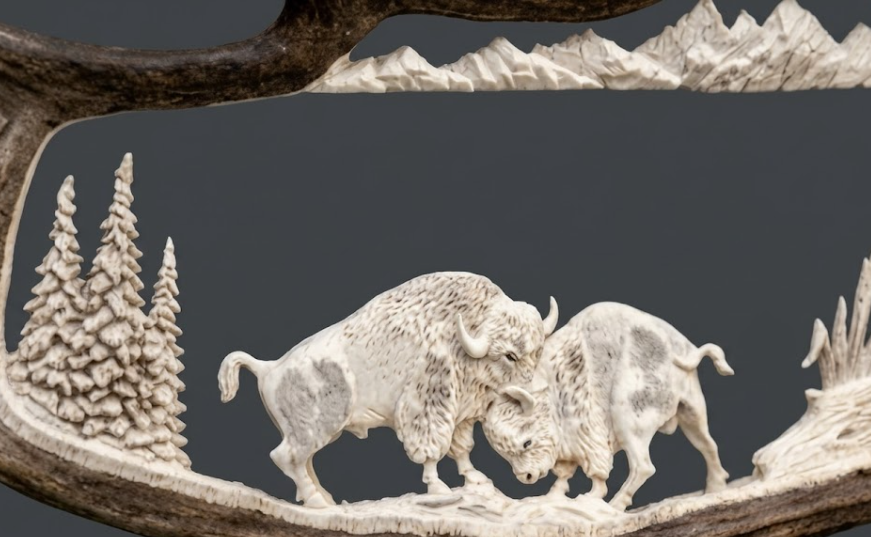 Zoomed in look at the  "Buffalo" bison fight antler carving