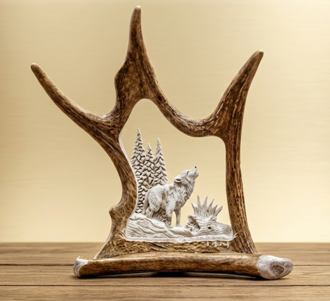 Lone wolf antler carving desk or table mount.