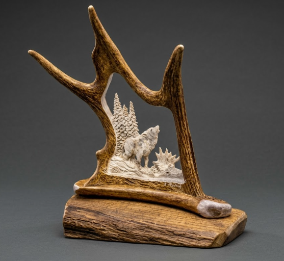 Table or desk mount Moose antler carving of a lone wolf holwlin' at the moon