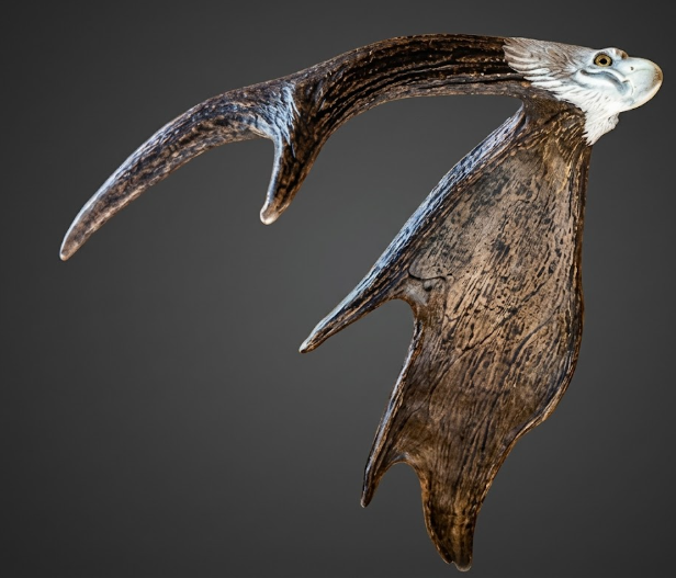 Decorative antler with a bald eagle head on a dark gray background