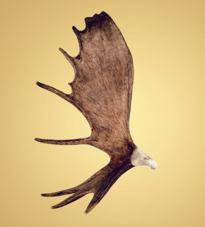 Decorative wall art of a moose antler with an eagle head on a beige background