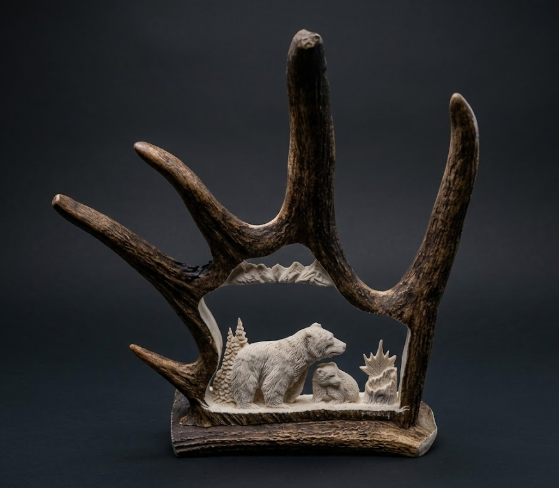 Decorative antler with a carved scene of momma and cub- bears on a dark background