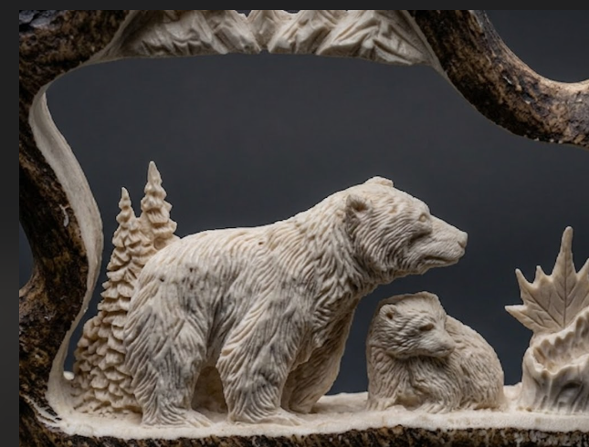 Carved antler scene of a bear and cub with trees and foliage on a dark background