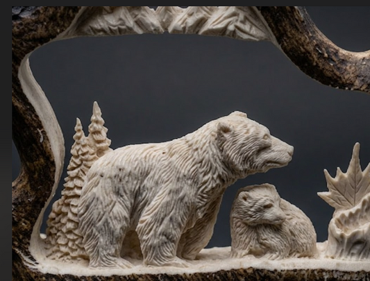Carved antler scene of a bear and cub with trees and foliage on a dark background