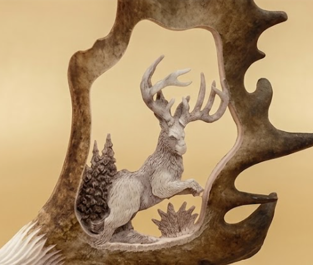 Decorative wall art with a jackalope and forest design inside antlers on a beige background
