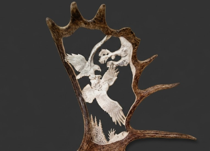 Decorative moose antler carvings of fighting eagles, on a dark background