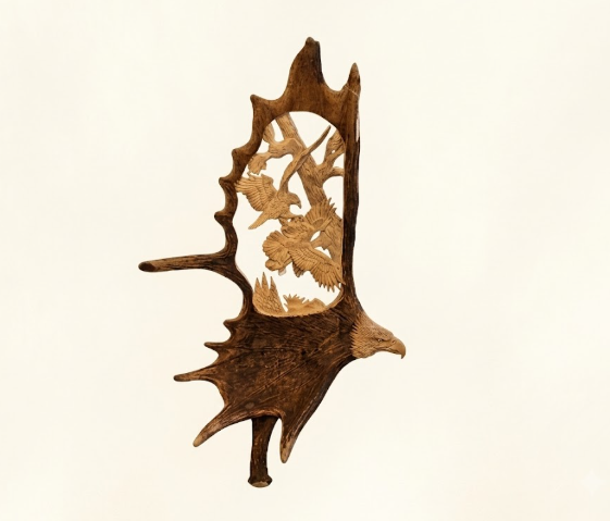Huge Moose antler with eagles head carved into the base and two eagles fighting.