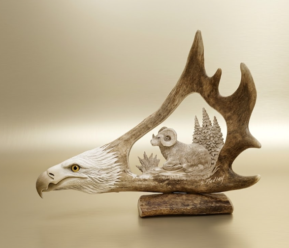 Bighorn sheep antler carving laying down with eagle base