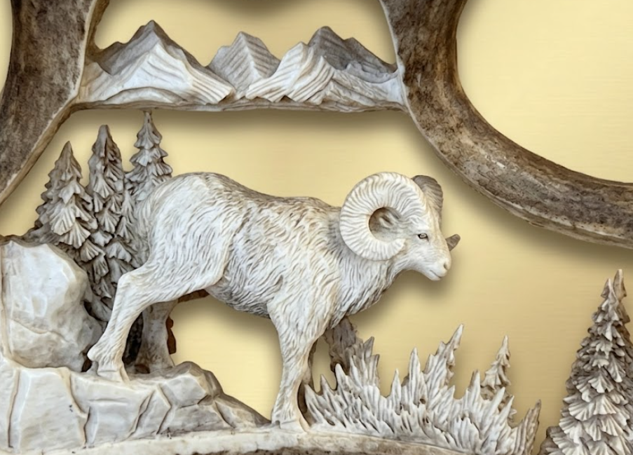 The Full Curl Ram Antler Carving