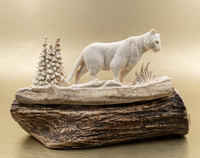 Antler carved white cougar on a antler base with a beige background
