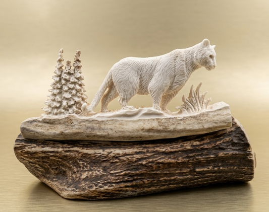 Antler carved white cougar on a antler base with a beige background