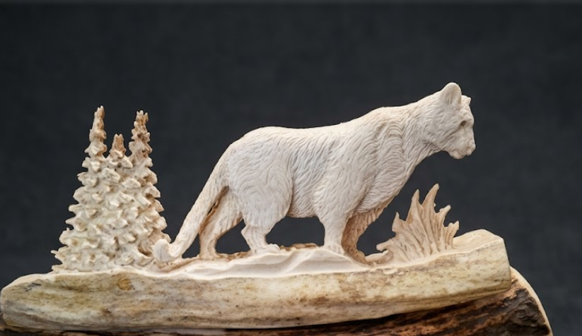 Antler Carved figure of a cougar on a antler  base with a dark background