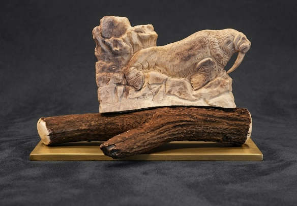 Antler carved herd bull walrus sunning himself desk mount.
