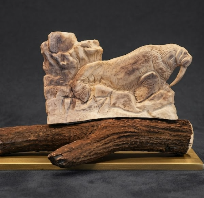 Carved antler sculpture of a herd bull walrus on an antler base with a dark background