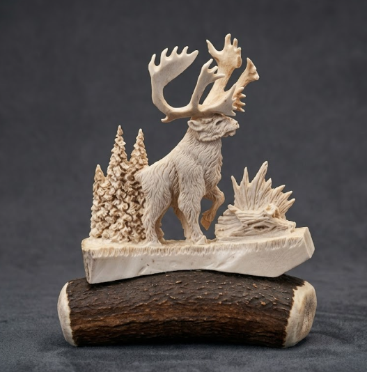 Carved Caribou figure on a log with a dark background