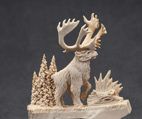 Carved caribou figure with large antlers on a dark background