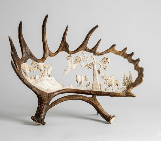 Decorative antler with carvings of animals and landscapes on a light gray background