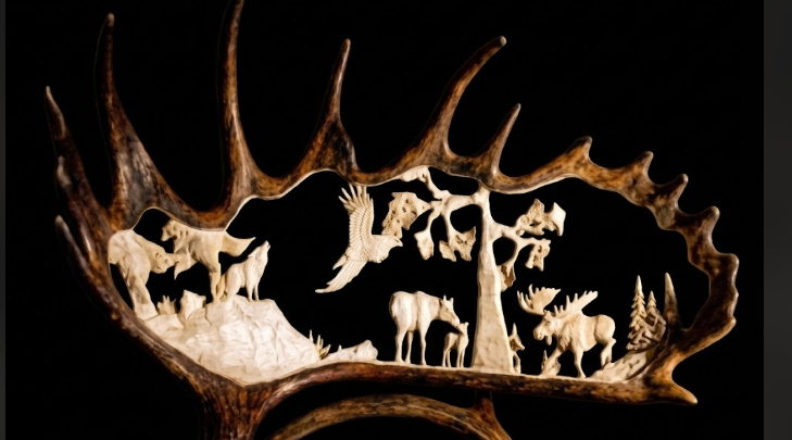 Carved deer antler with cut-out silhouettes of animals and trees on a dark background