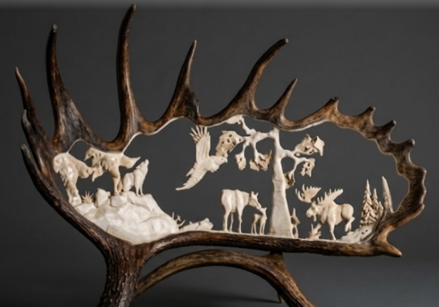 Decorative antler with cut-out animal figures on a dark background
