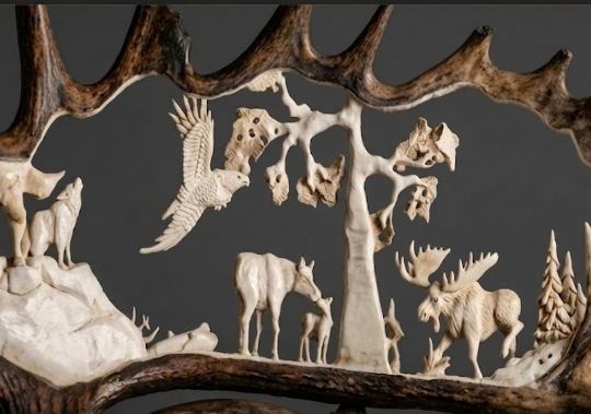 Carved wooden scene with animals and trees framed by antlers on a dark background