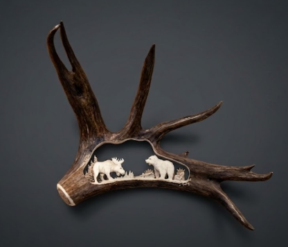 Decorative antler with carved animals on a dark background