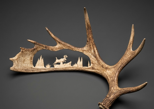 Deer antler with carvings of a deer and trees on a dark background