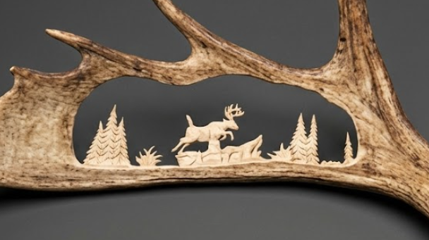 Carved deer antler with a landscape scene on a dark background