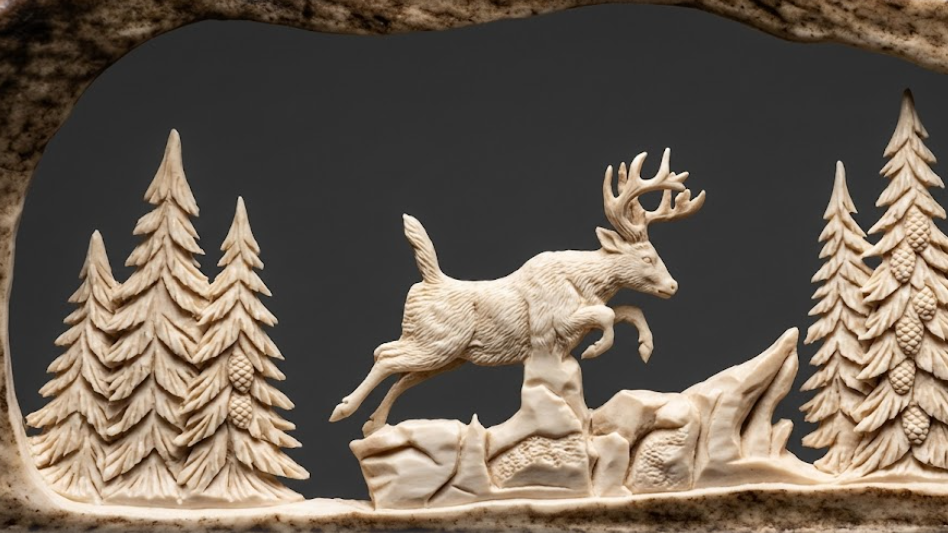 Carved wooden panel with a deer and wolf design against a dark background
