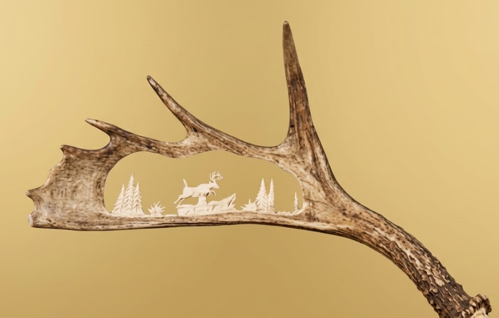 Antler with a deer scene etched into it against a beige background