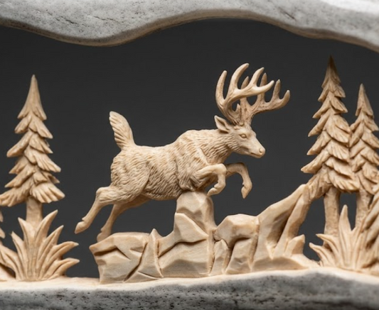 antler carving of a deer in a forest scene with trees and rocks.