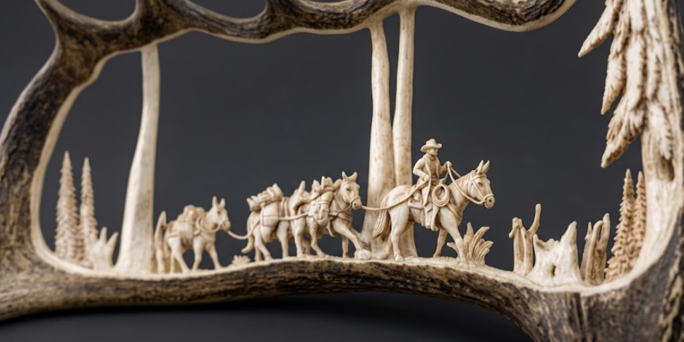 Detailed model of a packstring moose antler carving scene with trees and figures, framed by a rustic metal border.
