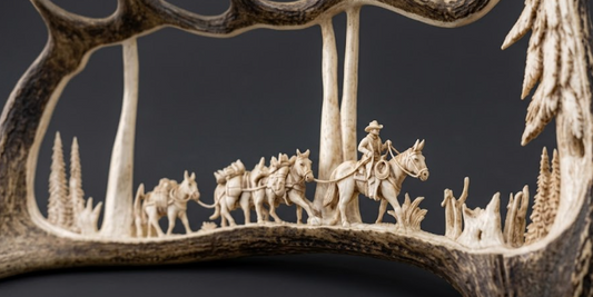 Detailed model of a packstring moose antler carving scene with trees and figures, framed by a rustic metal border.