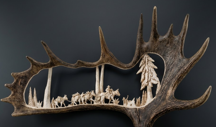 Decorative packstring moose antler carving antler with caribou and forest design on a dark background