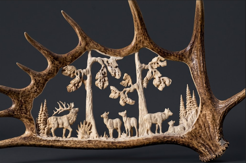 Carved elk antler with a scene of deer in a forest on a dark background
