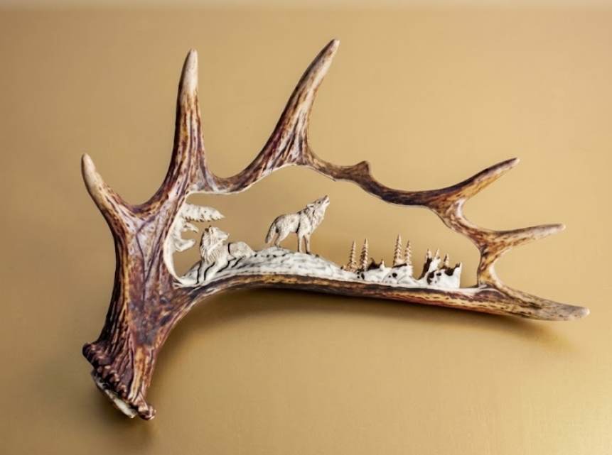 A Wolf's Wilderness Moose Antler Carving