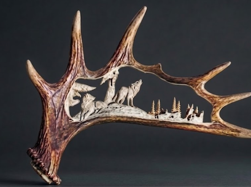 Decorative antler with carvings of a wolf and landscape on a dark background