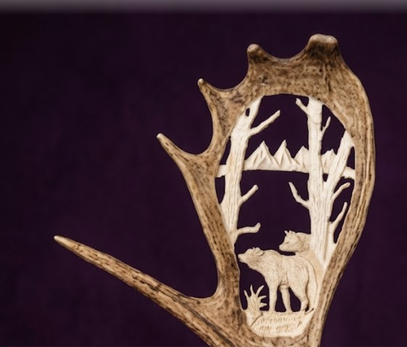 Decorative antler with carvings of trees and animals on a dark background