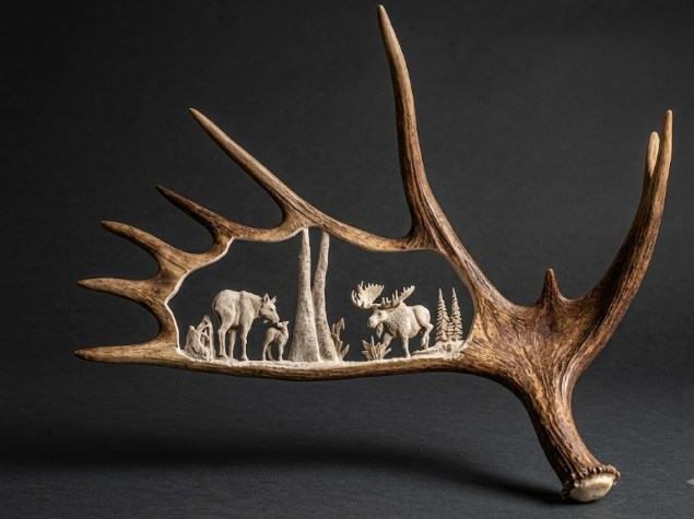 Carved moose antler carving with a scene of moose and trees on a dark background
