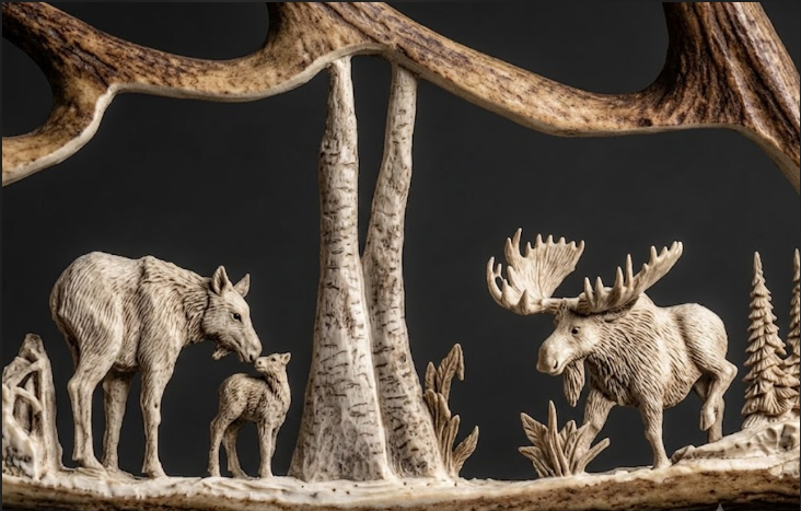 Carved scene of moose and deer with trees and plants on a dark background