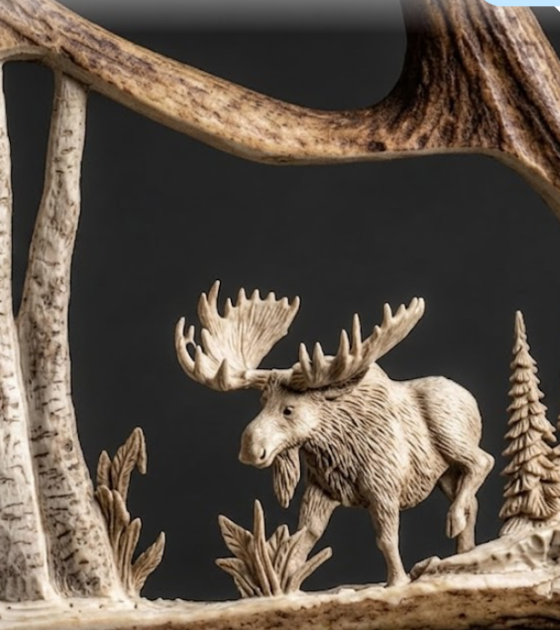 Carved moose figure with antlers and trees on a dark background