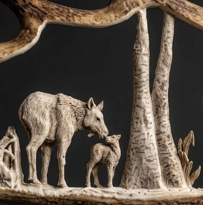 Carved scene of a wolf and its cub with trees and branches on a dark background