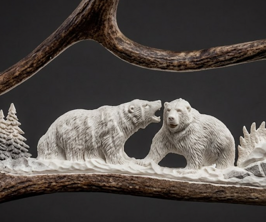 Carved antler sculpture of two bears on a wooden branch with a dark background