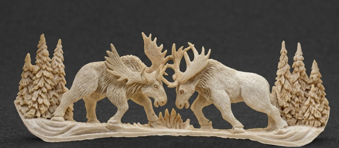 antler carving of two bull moose fighting.