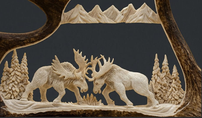 Hand carved moose antler  scene with two moose and a mountain landscape