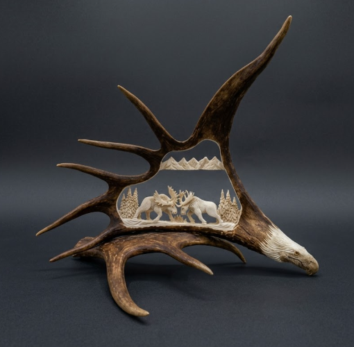 small moose antler carving of two fighting moose.